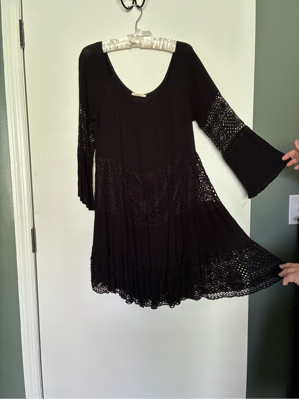 Black Bohemian Crochet-Trim Swing Dress - Knee Length
